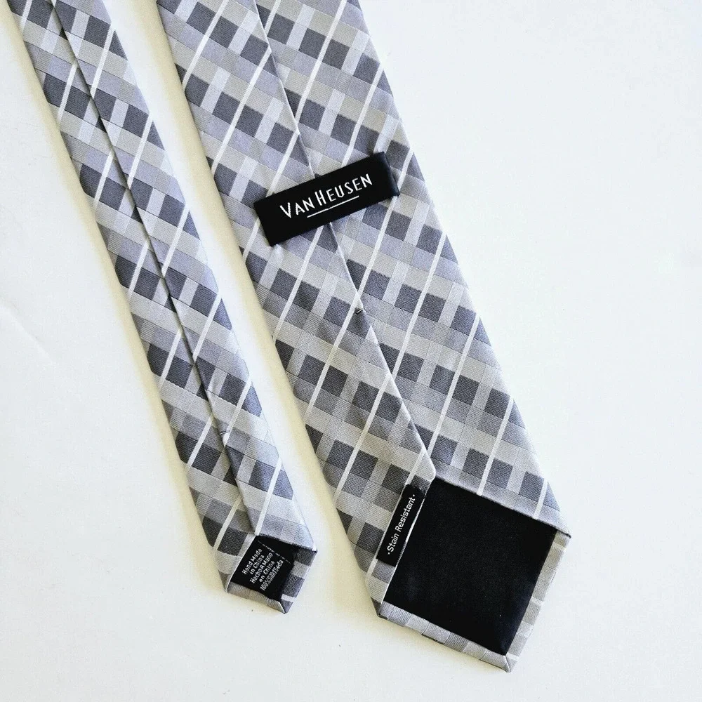 Van Heusen Silk Tie Gray Plaid Geometric Classic Retro Hand Made Stain Resistant